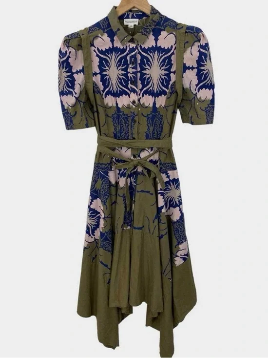 Olive Floral Print Button-Front Shirt Dress with Tie Waist - Picture 3 of 9